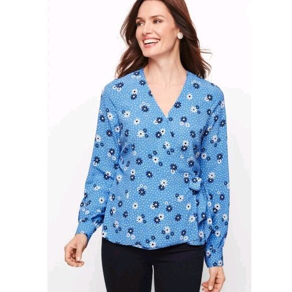 Talbots Poet Sleeve Faux Wrap Top sz L Blue White Flowers Dots Boho - Picture 1 of 15